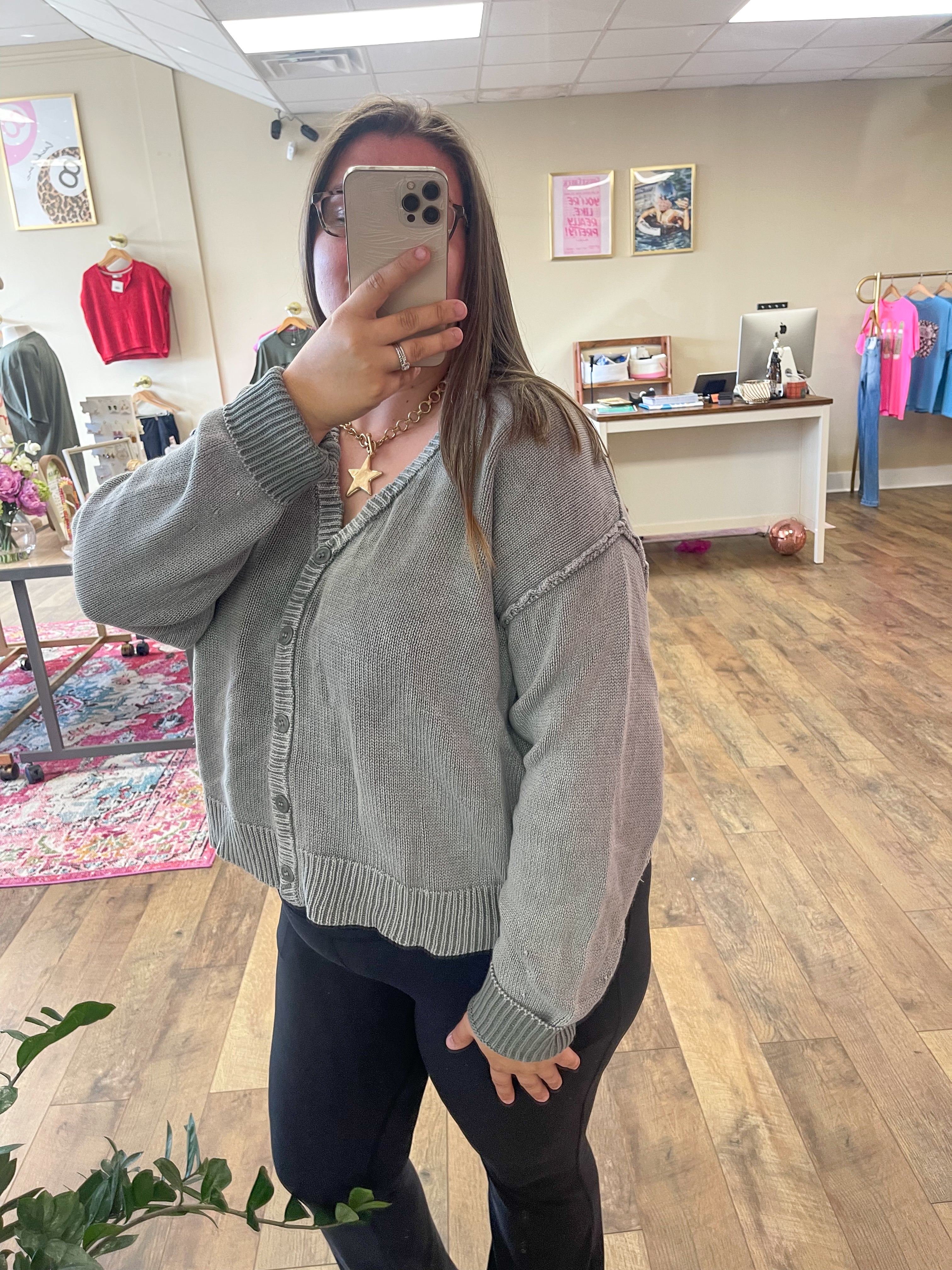 Washed Sweater Cardigan - Olive