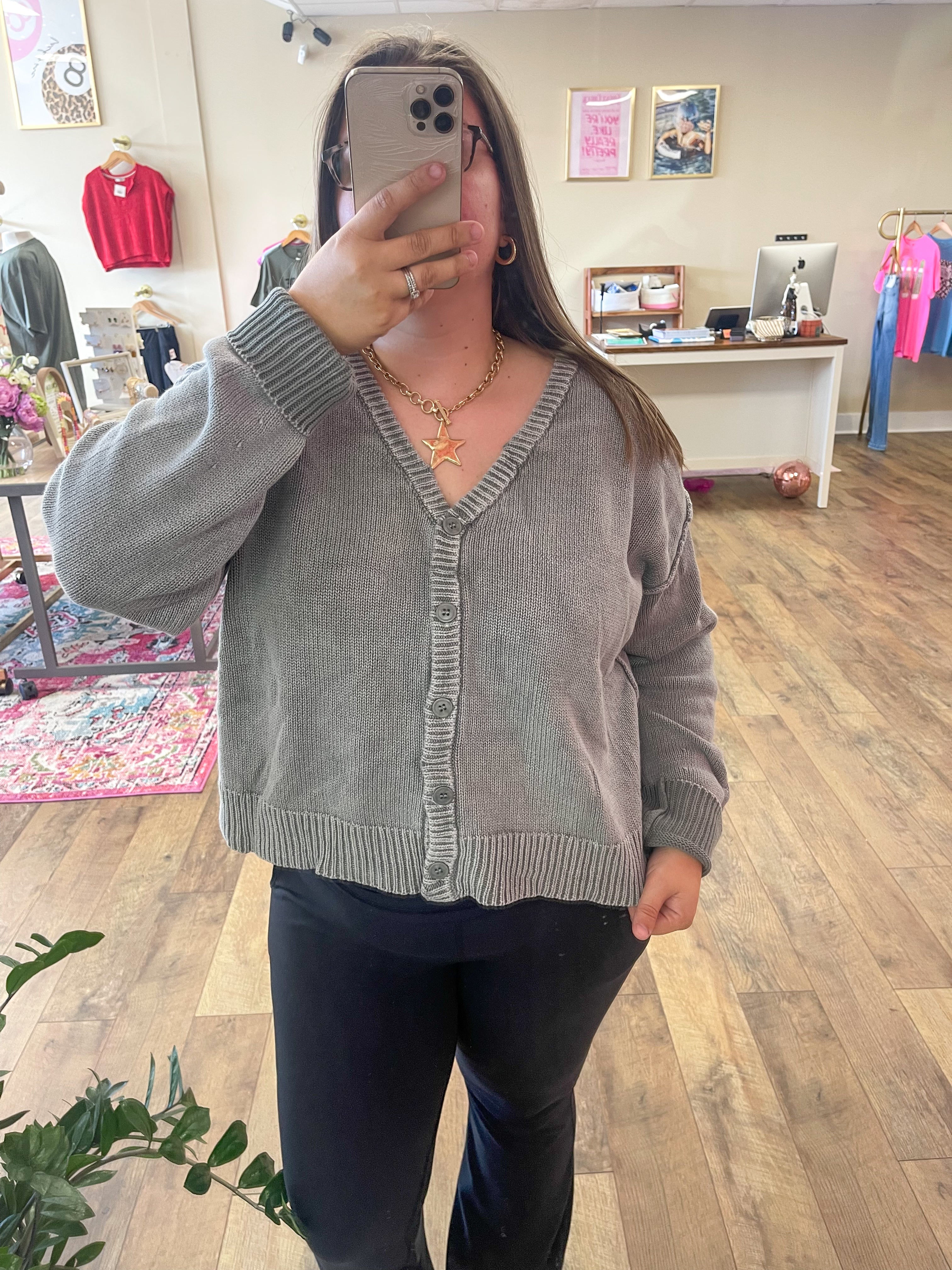 Washed Sweater Cardigan - Olive