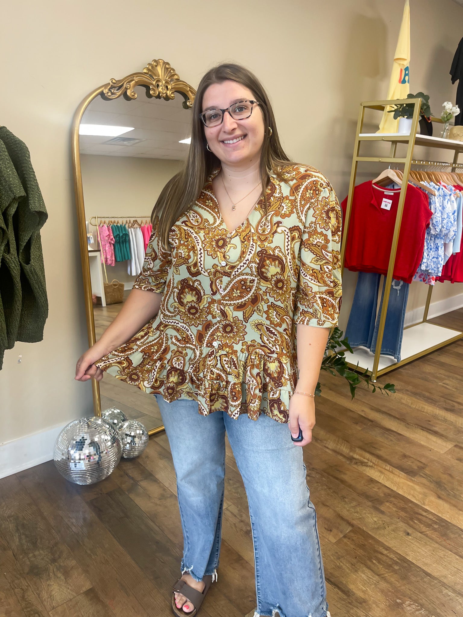 Paisley Button Ruffle Hem Top