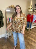 Load image into Gallery viewer, Paisley Button Ruffle Hem Top
