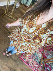 Paisley Button Ruffle Hem Top