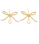 Load image into Gallery viewer, Textured Bow &amp; Pearl Dangle Earrings

