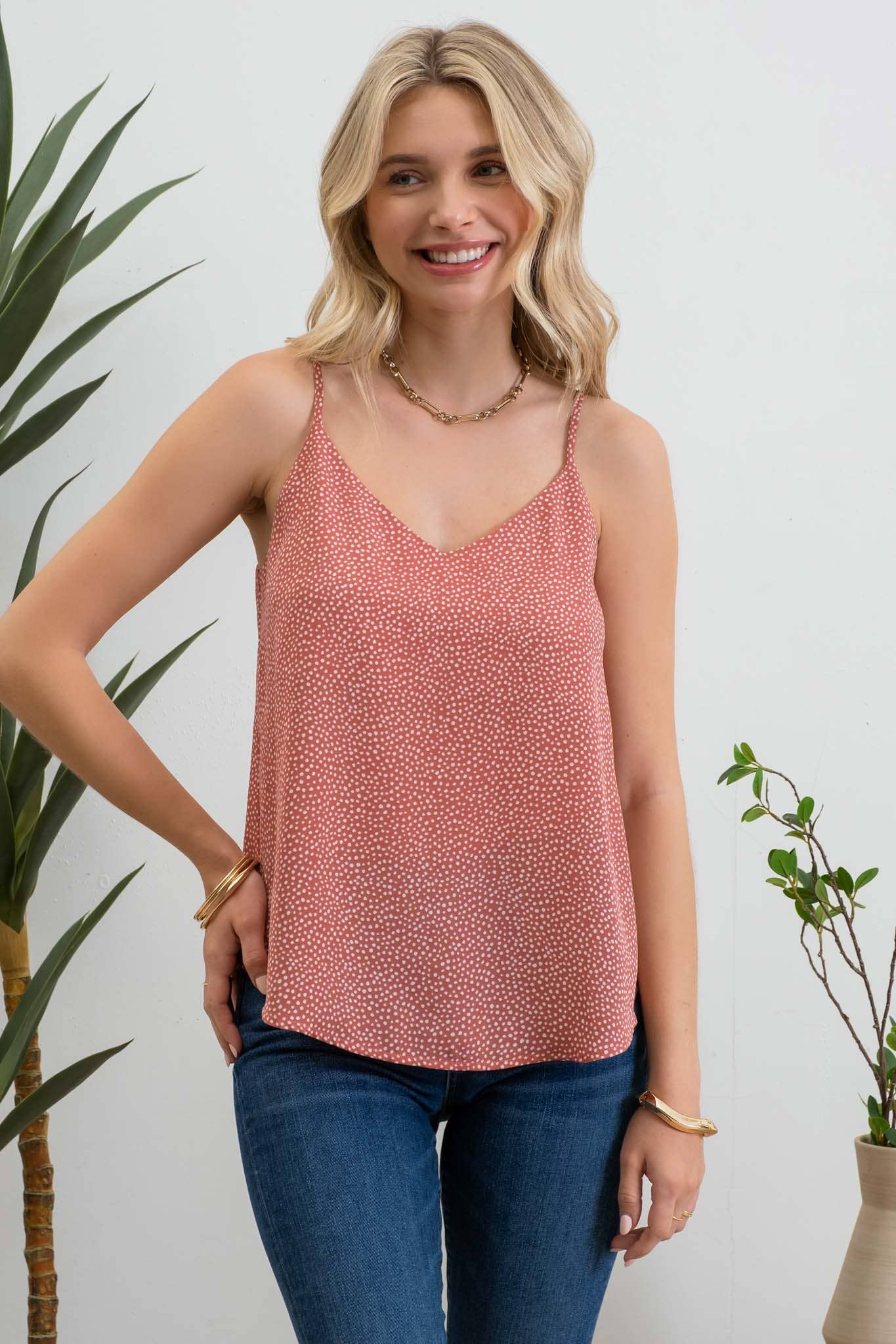 Clarissa Dotted Vneck Tank Top