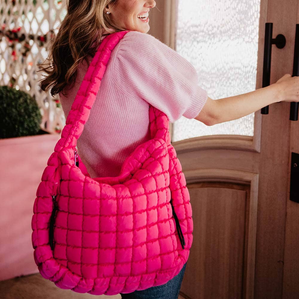 Trendy Hobo Quilted Tote Bags - Hot Pink