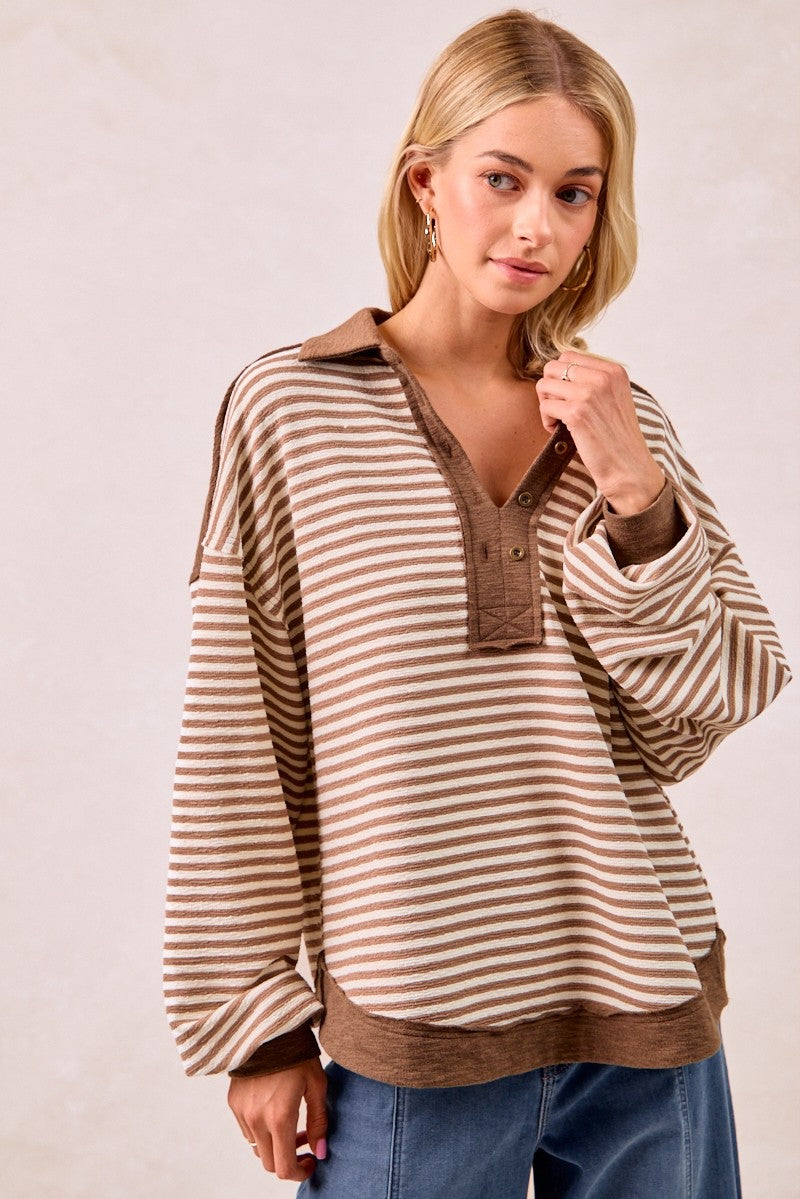 Striped Knit Collard Top